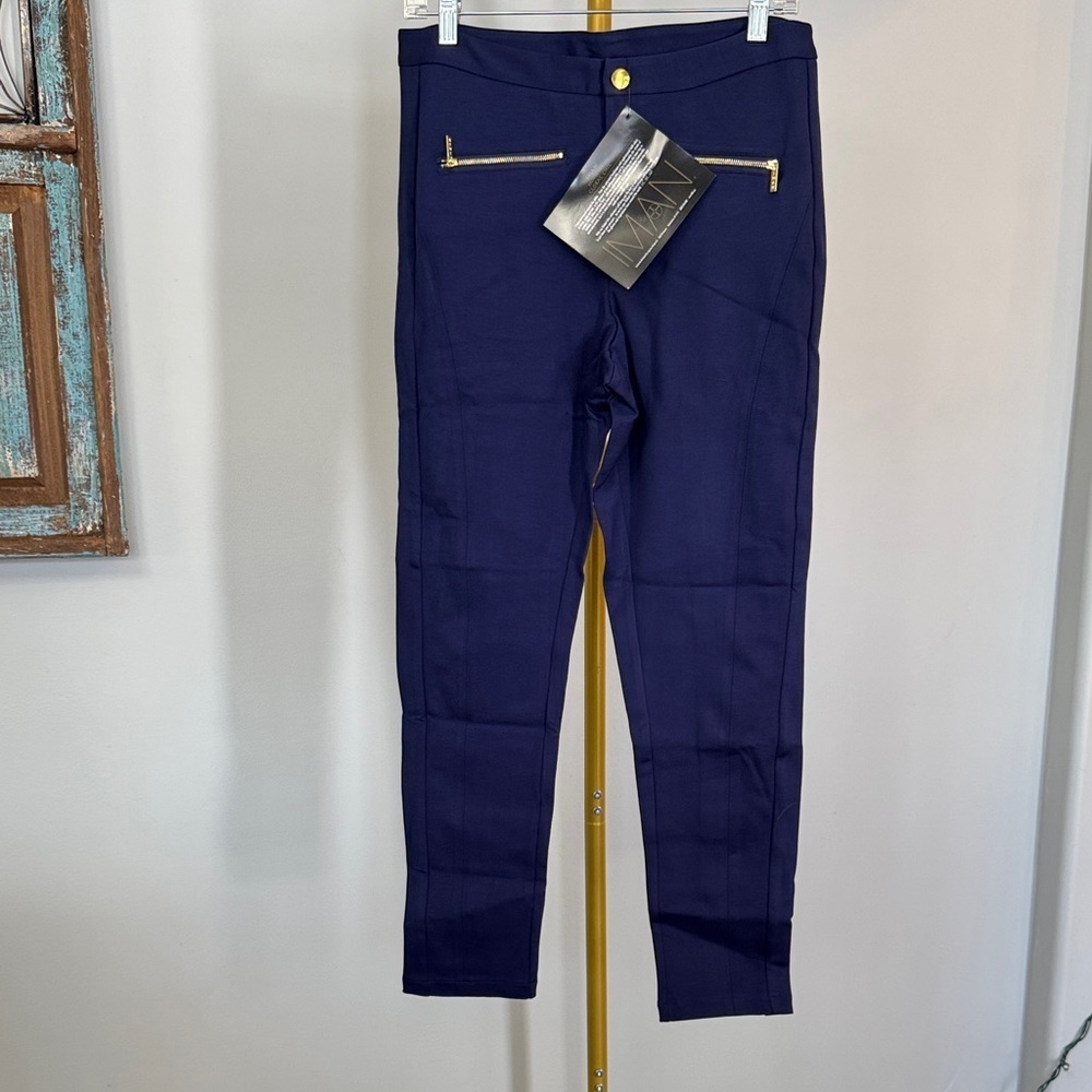 IMAN Navy Trousers with Gold Zipper NWT 12
